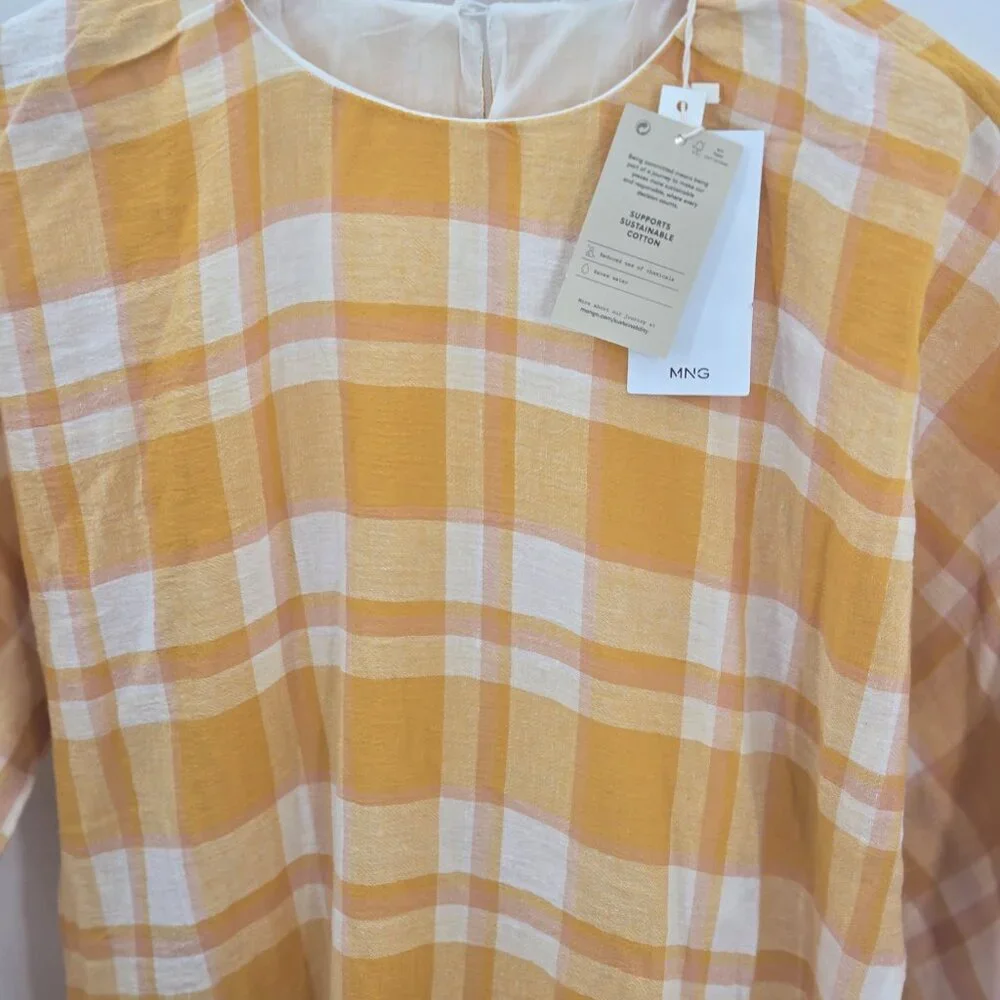 Mango MNG Mustard Yellow Checkered Gingham 100% Cotton Pockets Mini Dress XS